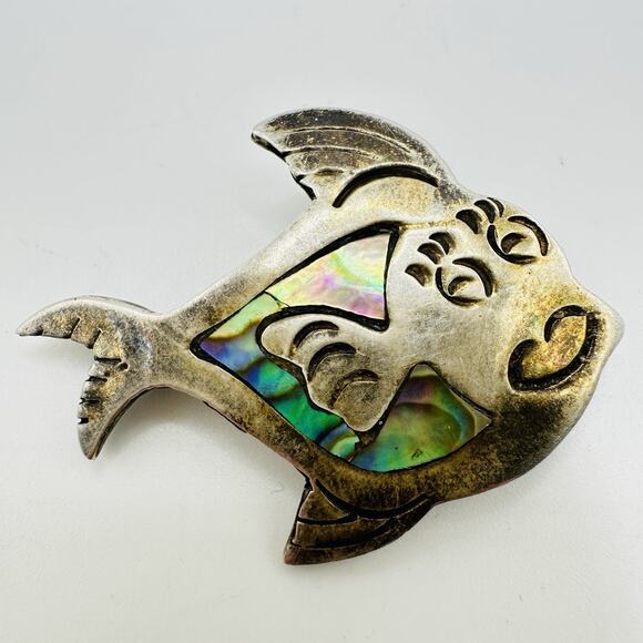Vintage Mexico 925 Abalone Inlay Fish Brooch MR Melesio Rodriguez Pin Whimsical - Picture 3 of 8